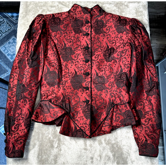 Emanuel Ungaro Jackets & Blazers - Vintage Ungaro Parallele Brocade Red Black Floral Peplum Jacket Victorian Size 8